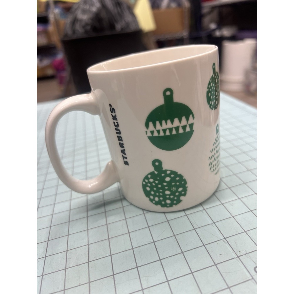 Starbucks White Mug or Cup w/‎ Green Christmas Ornaments 12 fl oz - Coffee, Tea